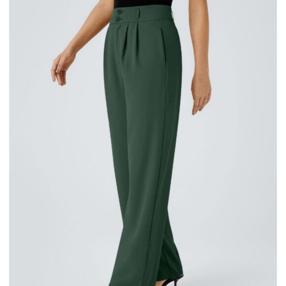 Halara Dark Green High Waist Zip Double Button Pleated Dress Pants Size Large - Picture 1 of 9
